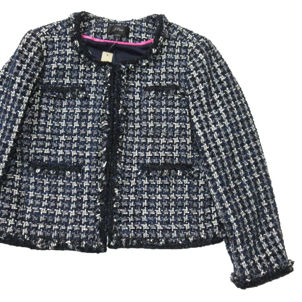 NWT J.Crew Lady Jacket in Navy Ivory Black Metallic Houndstooth Blazer 12
